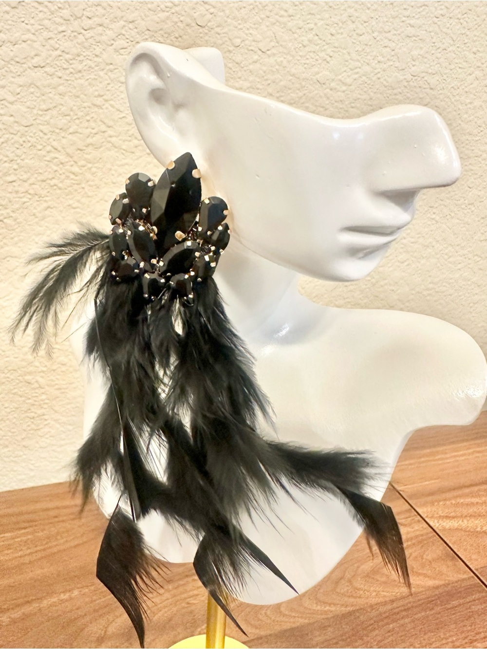 Elegant Black Crystal and Black Feather Statement Earrings